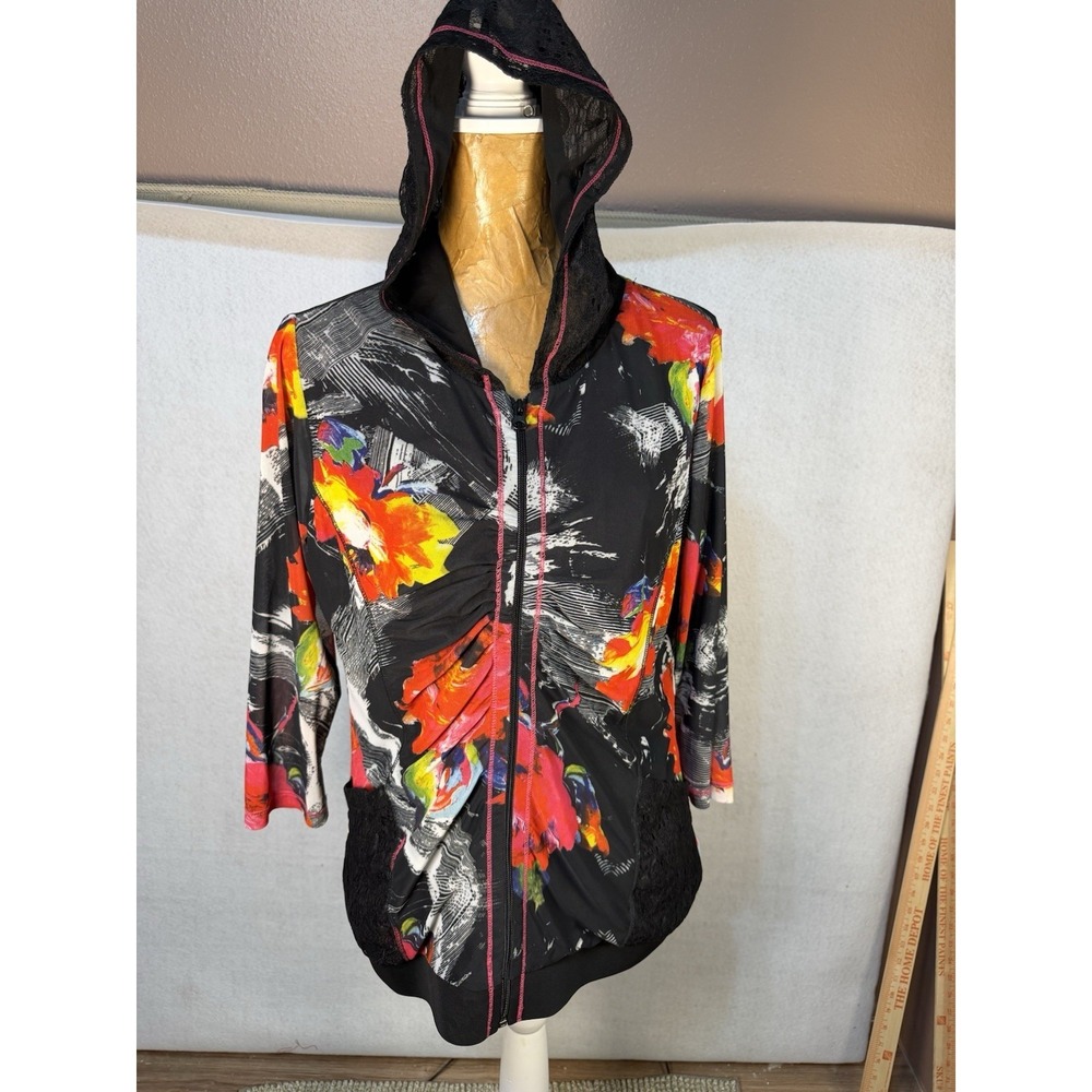 Alberto Makali Women's Size L Zippered front Ruched Floral Jacket Y2K Lace Artsy